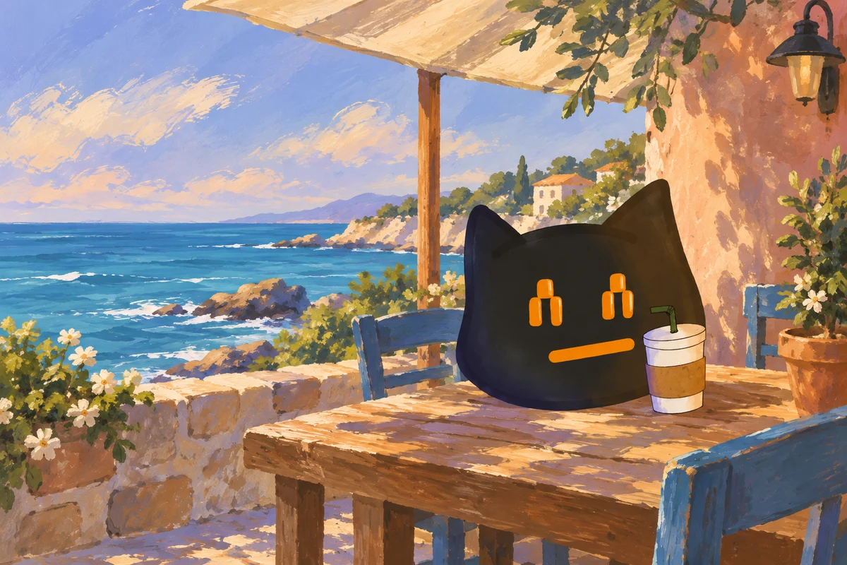BeepBoopBit enjoying a quiet coffee break on a terrace by the coast.