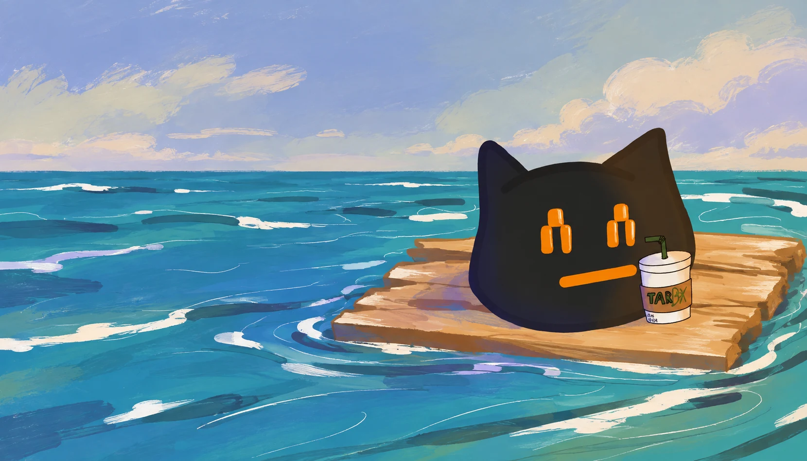 BeepBoopBit taking a coffee break on a wooden raft, floating in a painted blue ocean.
