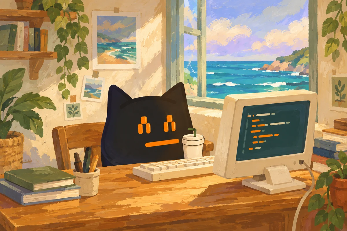 BeepBoopBit making software at a computer in a sunny coastal workshop.